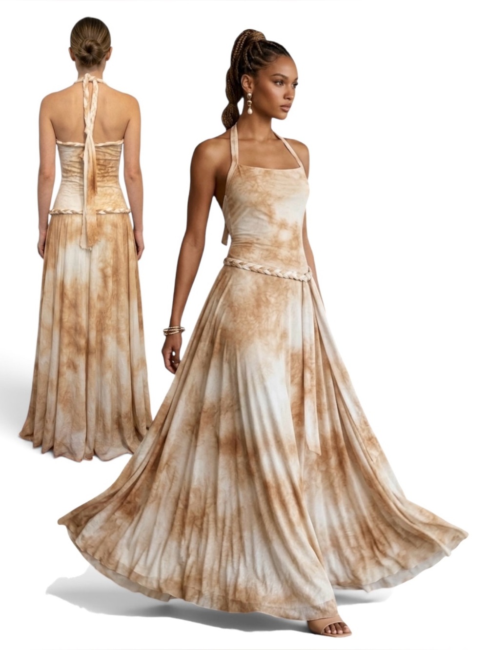 New One of a Kind Designer Atelier Handcrafted Boho Maxi Dress XS S white tan